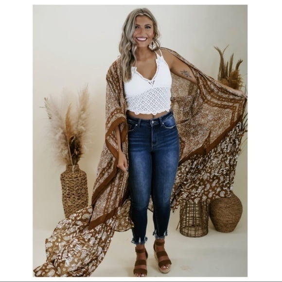 GO YOUR OWN WAY Cocoa Brown Paisley Floral Print Boho Kimono Cardi - Picture 7 of 15